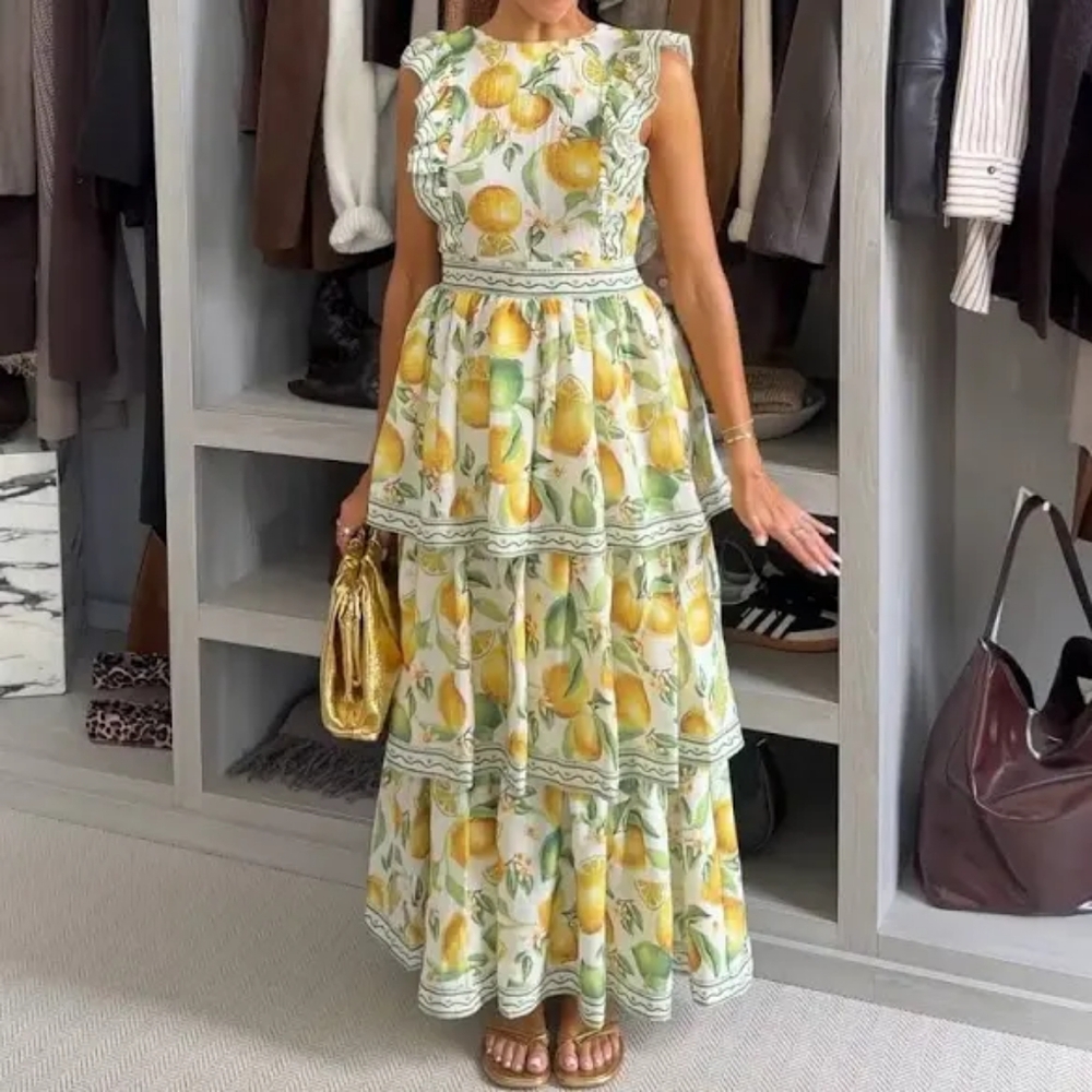 H&M Ruffle-trimmed Maxi Dress Floral White/lemons Sz S Nwt